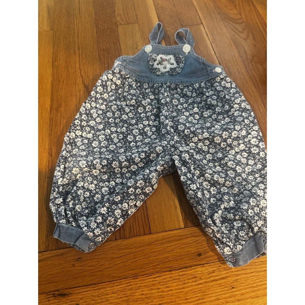 Vintage Baby Girls Denim Bubble Romper Floral Rosette Blue White‎ 12M 80s/90s